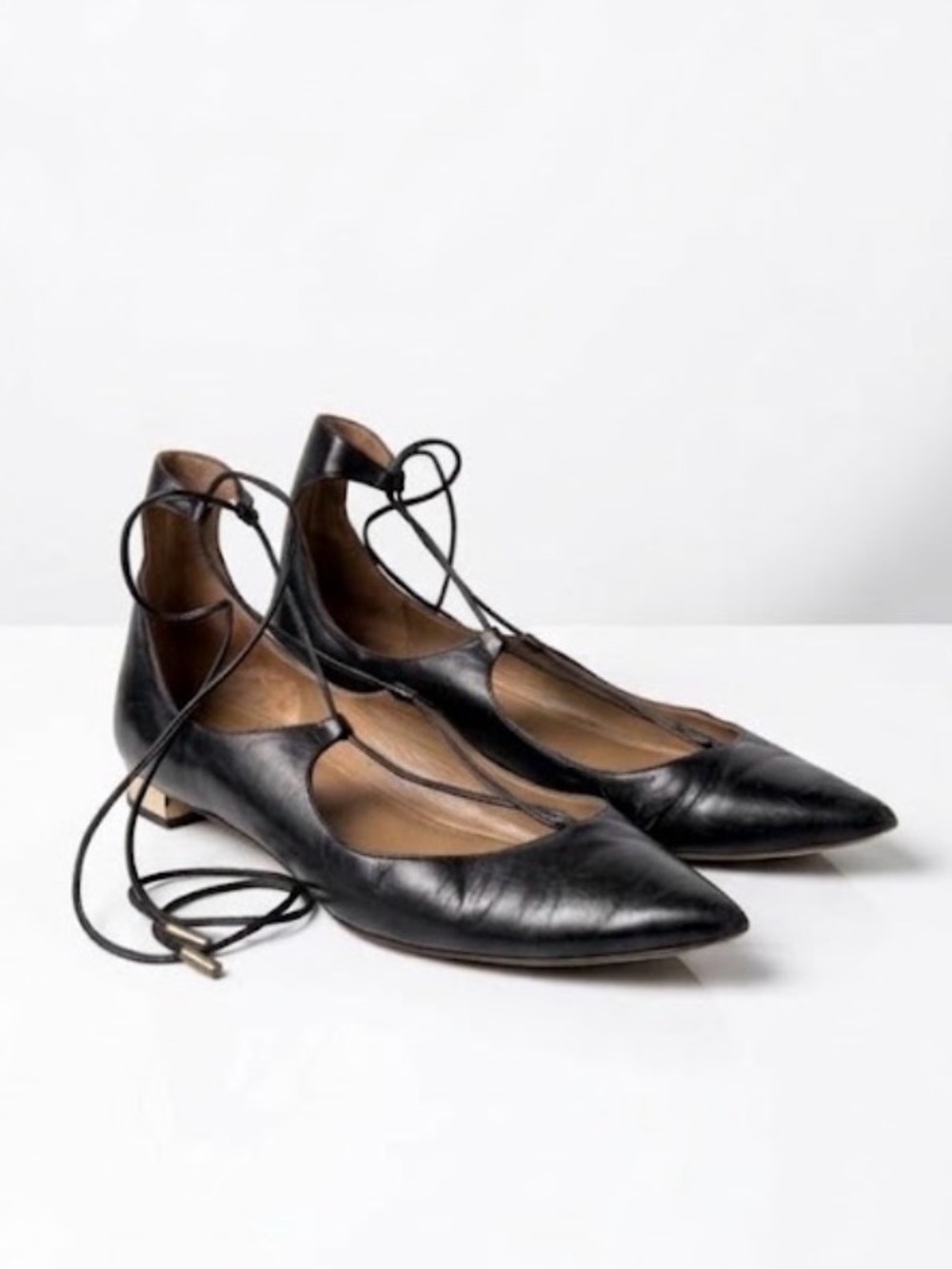Aquazzura Black Leather Christy Lace Up Pointed Toe Ballet Flat Size 41